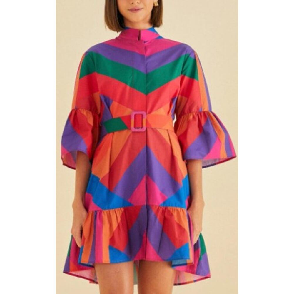 Farm Rio Multicolor Belted Amanda Striped Mini Shirt Dress Womens Large